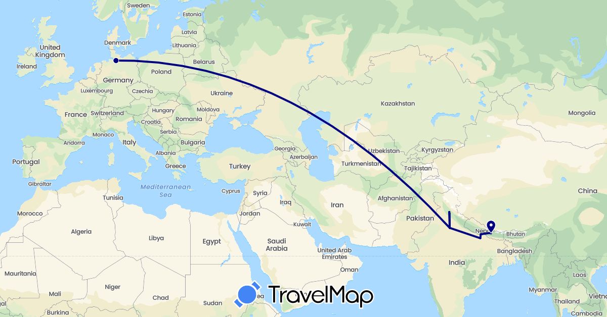 TravelMap itinerary: driving in Germany, India, Nepal (Asia, Europe)